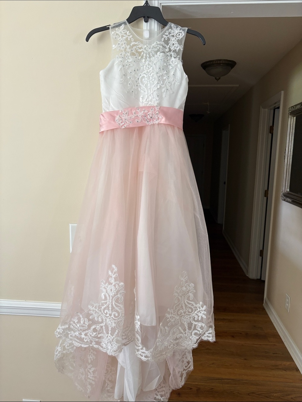 Girls Pink and White Lace Tulle Dress with Satin Sash